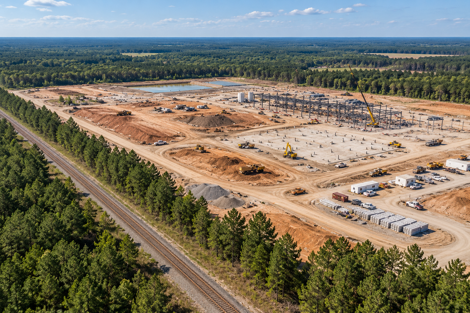 Aerial view of active industrial construction beside an empty railway, surrounded by forest