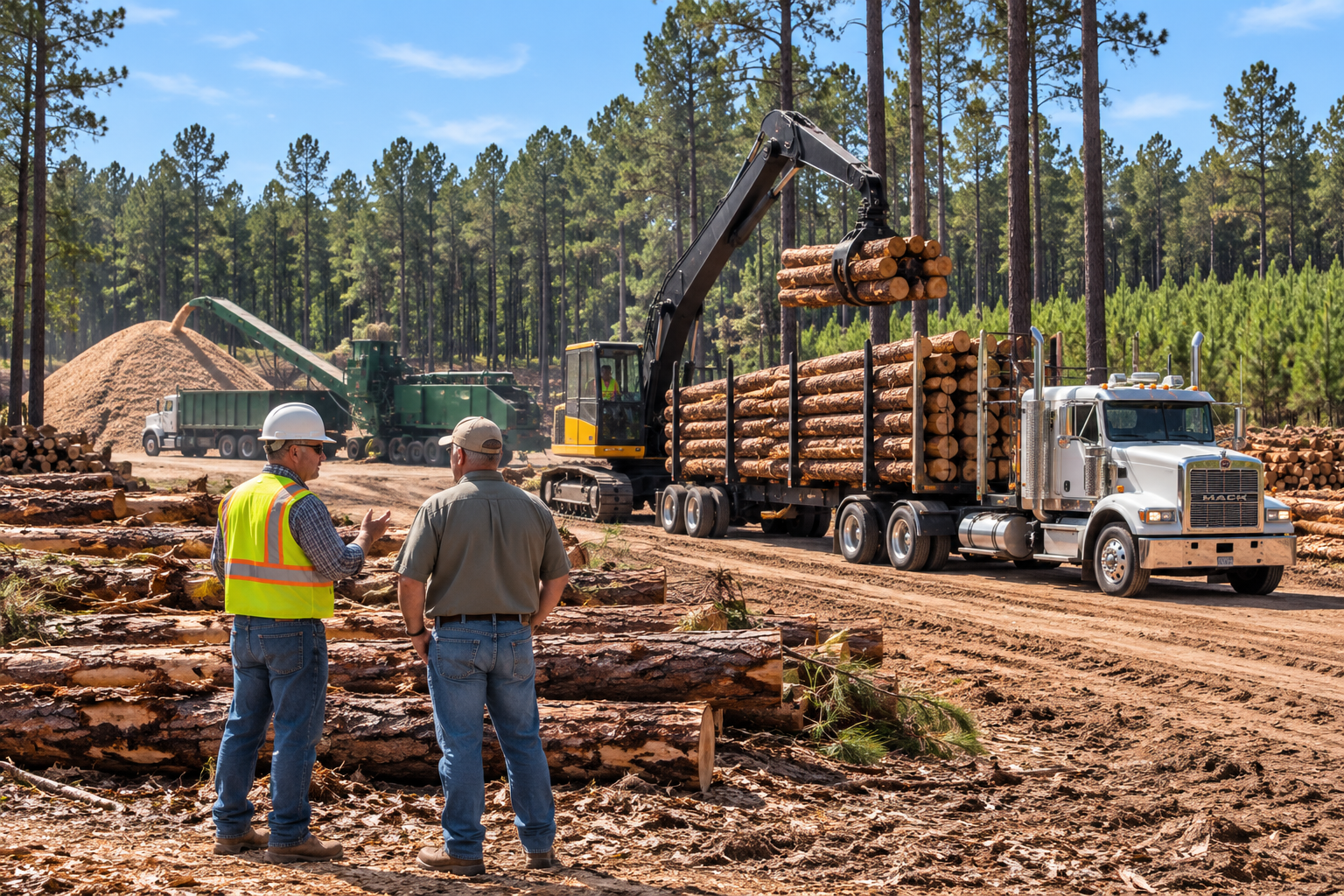 Two forestry people beside an intact log truck being loaded, timber handling equipment, wood chips and managed pine forest