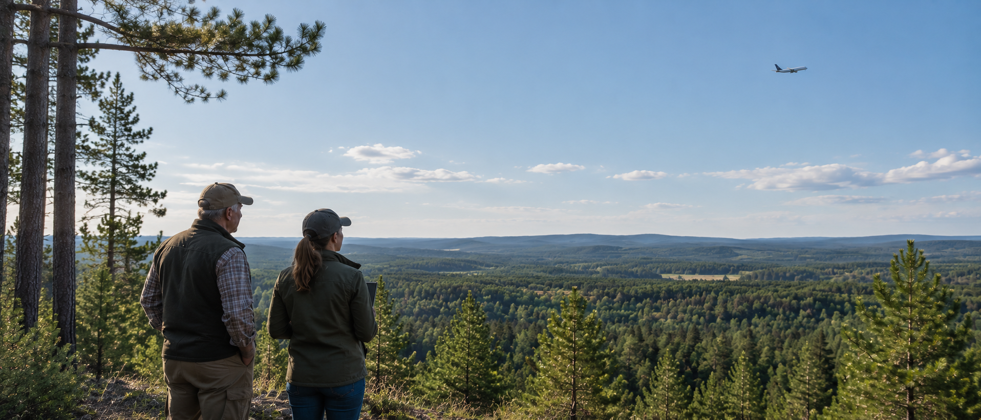 Two people overlooking a pine forest, with a small aircraft high in the sky